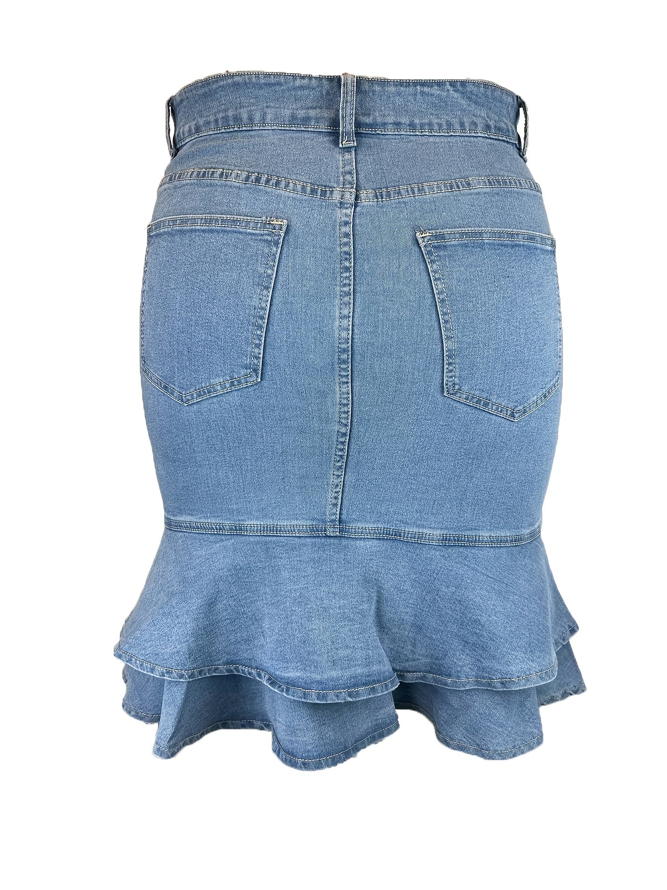 Casual Denim Skirt Button Fly Ruffle Trim High Rise Midi Denim Skirt