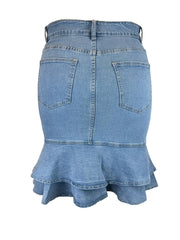 Casual Denim Skirt Button Fly Ruffle Trim High Rise Midi Denim Skirt