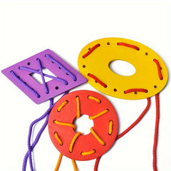 Educational Wooden Threading Toy Set Geometric Shape Colorful Lacing Boards