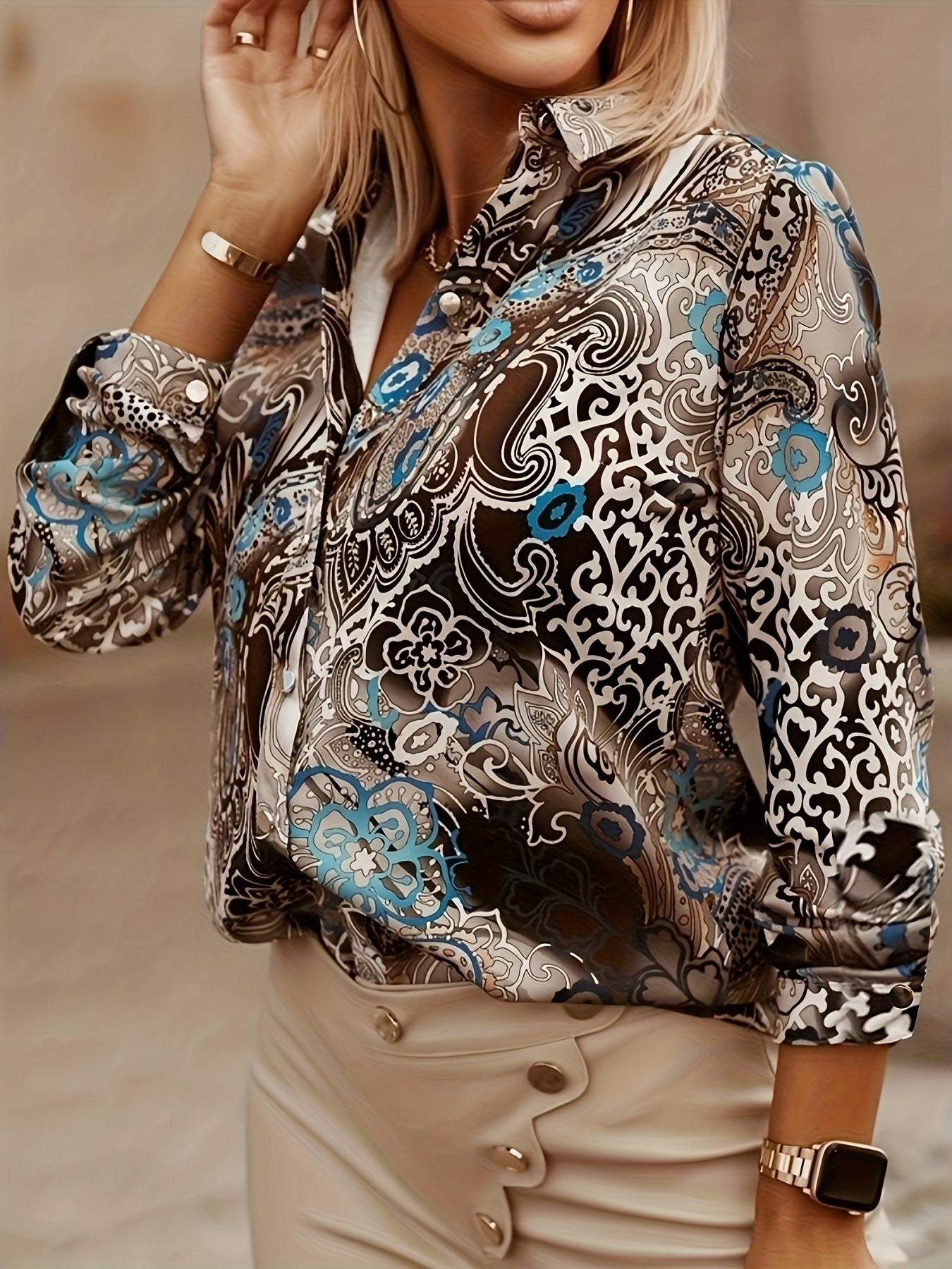 Paisley Print Button Up Long Sleeve Blouse