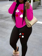 Women's Plus Poker Print Long Sleeve Round Neck Top & Leggings Set