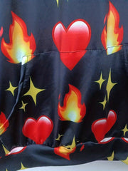 Plus size Heart & Fire Print LS Stretch Hoodie With Pocket