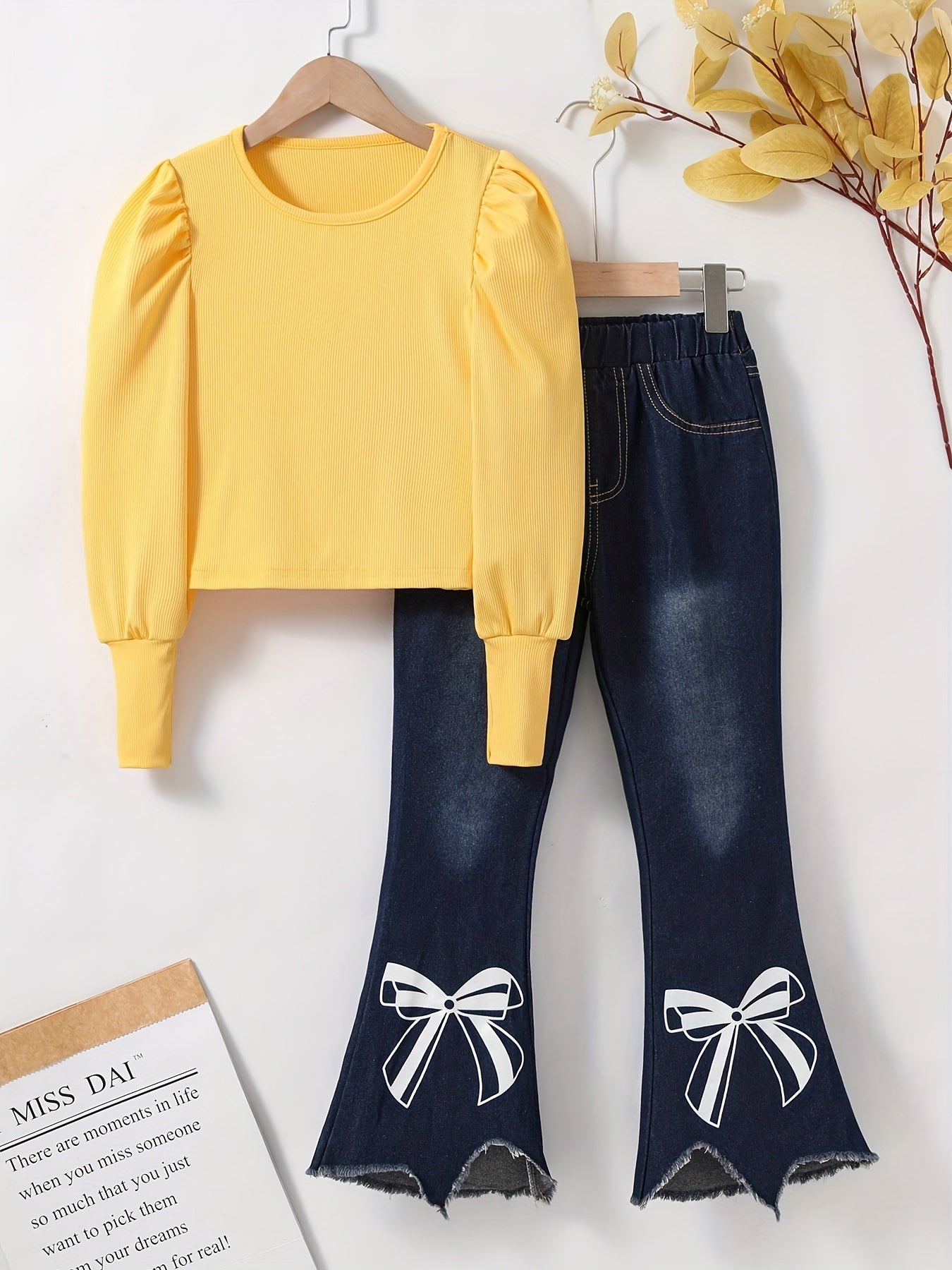 Girl's Denim Outfit 2pcs Top & Flared Jeans Set for Spring Fall