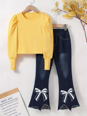 Girl's Denim Outfit 2pcs Top & Flared Jeans Set for Spring Fall