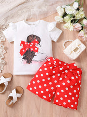 2pcs Toddler Girls Bow Figure Ruffle Trim T Shirt & Polka Dot Belted Shorts Set