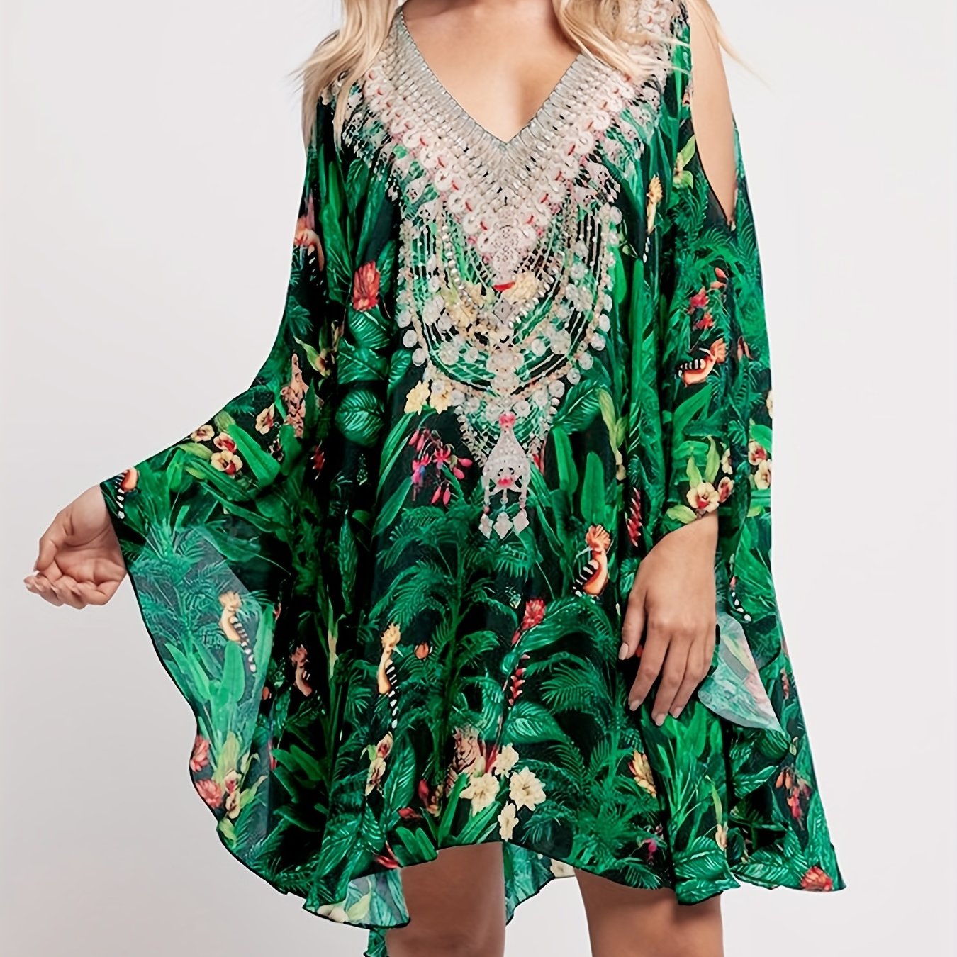 Tropical Leaf Print Cold Shoulder Cover Up Kaftan Batwing Sleeve Beach Kimono