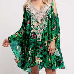 Tropical Leaf Print Cold Shoulder Cover Up Kaftan Batwing Sleeve Beach Kimono