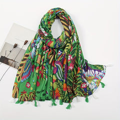 Boho Flower Print Scarf Vintage Tassel Shawl Sunscreen Head Wrap