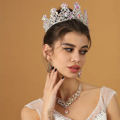3pcs Bridal Crown Necklace Earrings Set Rhinestone Crystal Queen Crown Jewelry