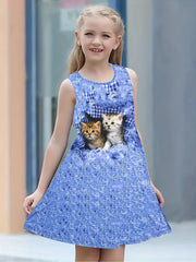 Girl's 3D Cat Print Dress - Summer Outfit