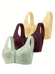 3 Floral Wireless Bras Front Buckle Comfy Lingerie