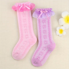 Girls Ruffled Princess Bow Knee High Socks Lace Stockings
