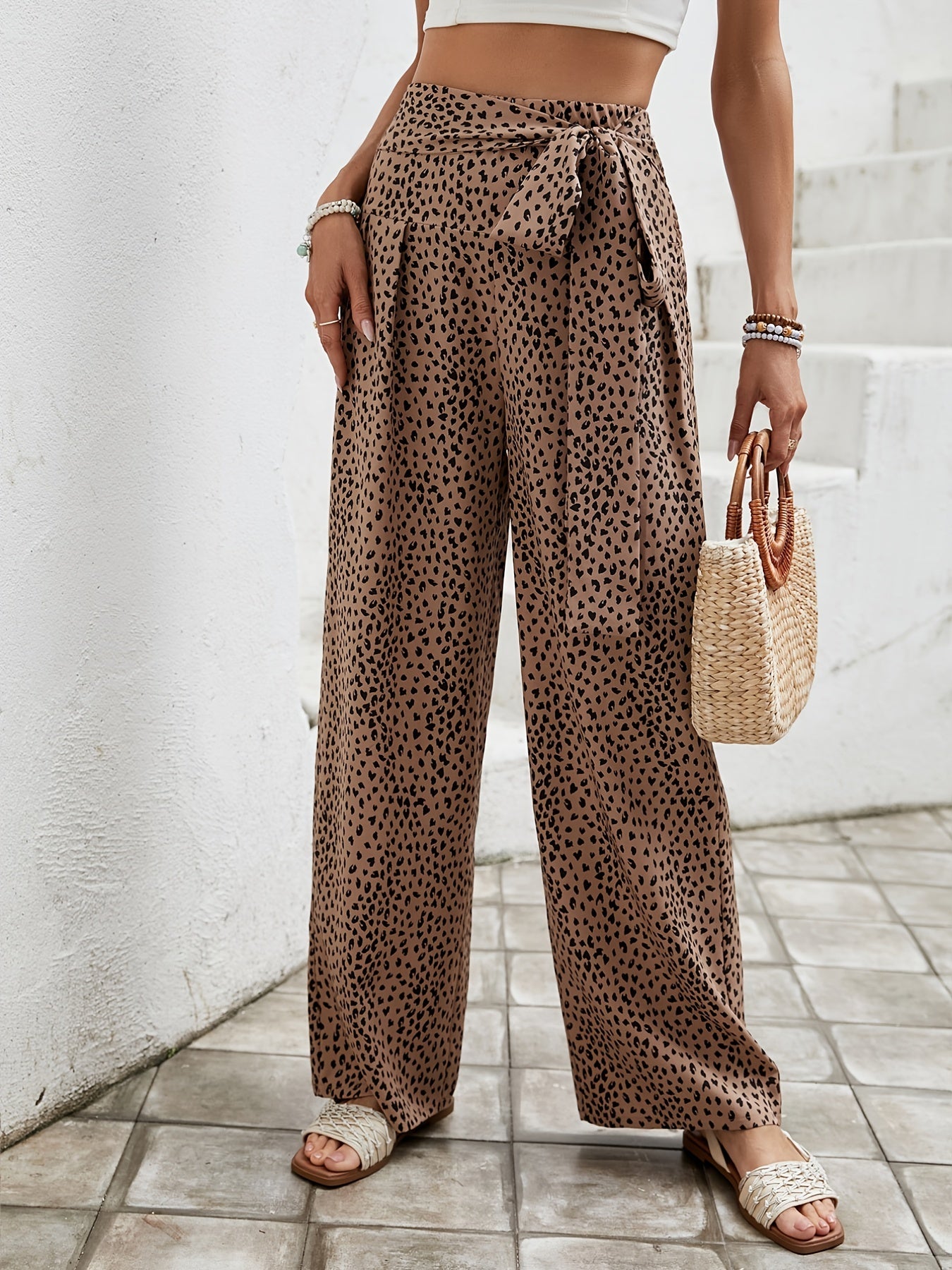 Leopard Print Wide Leg Pants with Bow Pleats