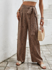 Leopard Print Wide Leg Pants with Bow Pleats