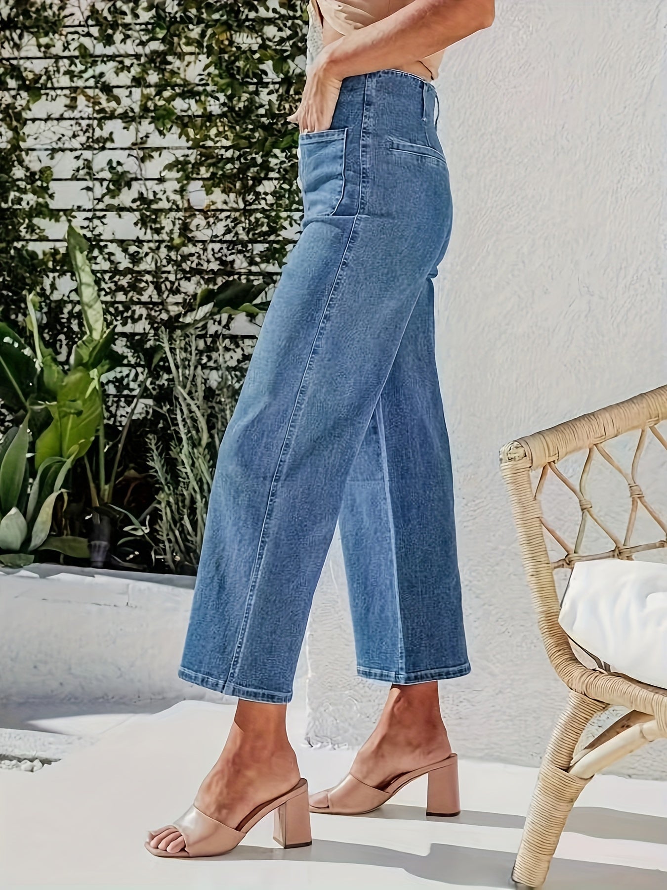 Cropped Jeans Button Fly Loose Fit Straight Leg Denim Pants
