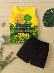 Boys Dino Driving Car Tank Top & Shorts Set