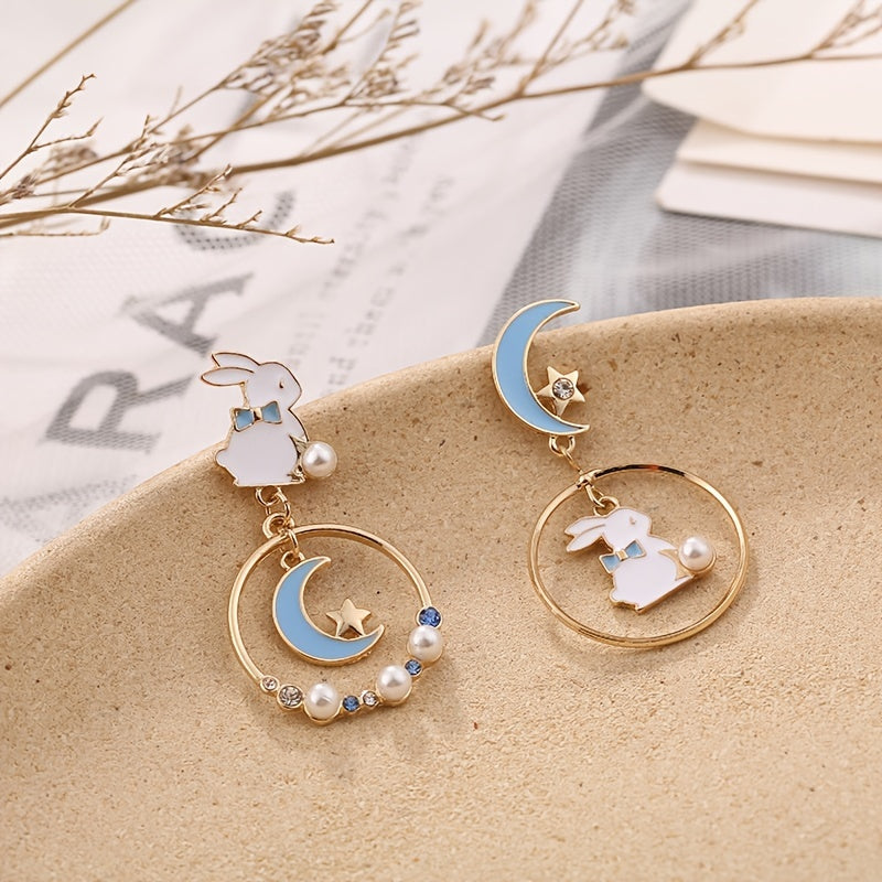 Rabbit Star Moon Earrings Bunny Faux Pearl Crystal Drop Earring