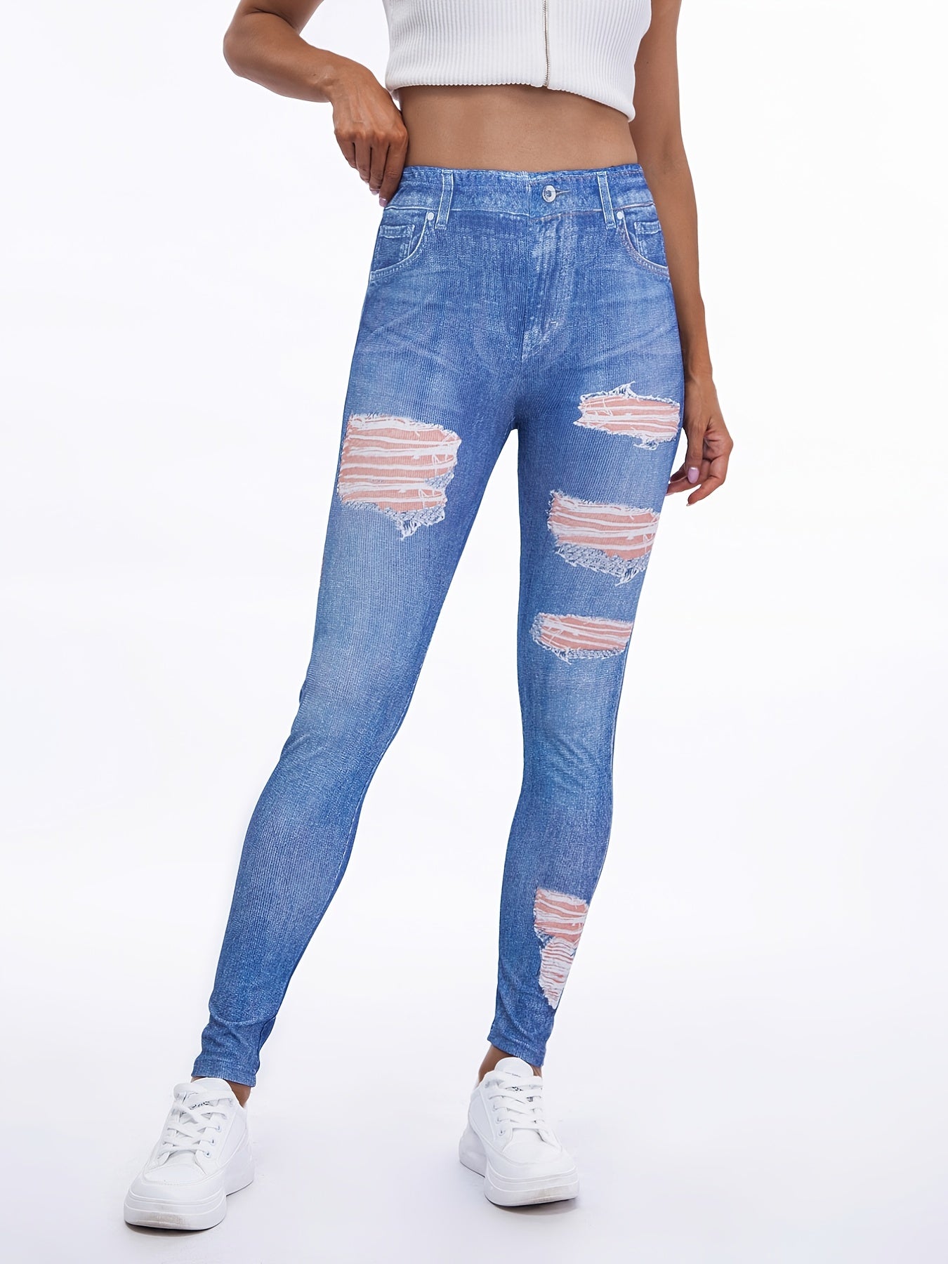 Denim Print Skinny Leggings High Waist Casual Pants