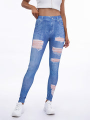 Denim Print Skinny Leggings High Waist Casual Pants