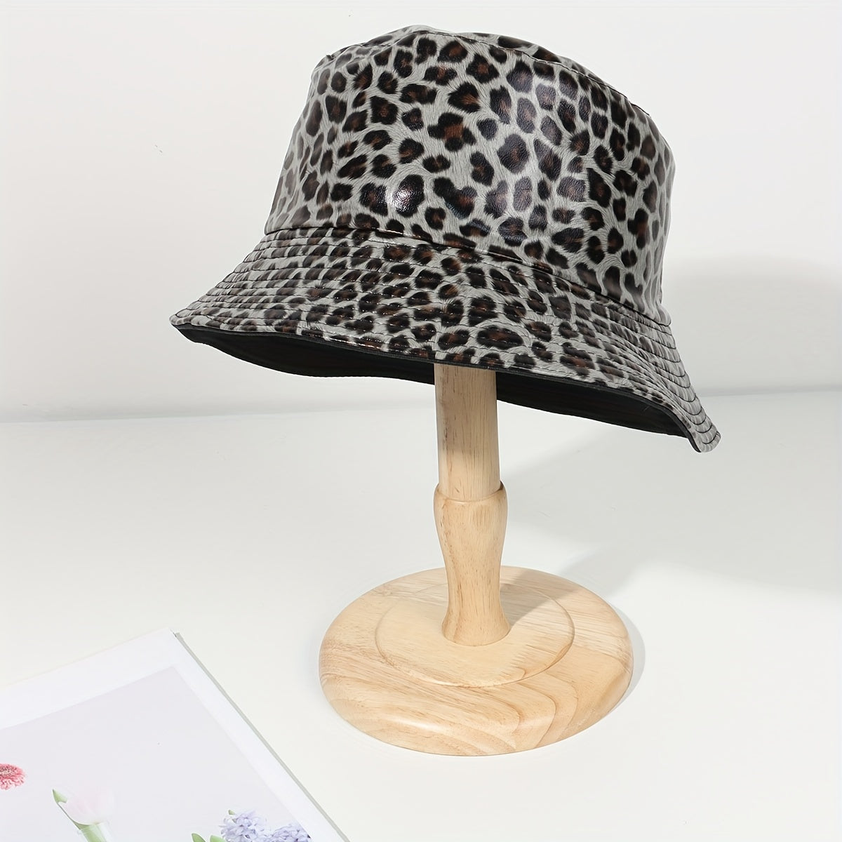 Leopard Print Reversible Bucket Hat PU Leather Waterproof Hip Hop Suns