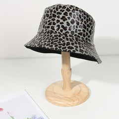 Leopard Print Reversible Bucket Hat PU Leather Waterproof Hip Hop Suns