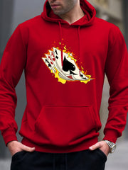 Poker On Fire Print Hoodie Men's Graphic Pullover Hooded Sweatshirt