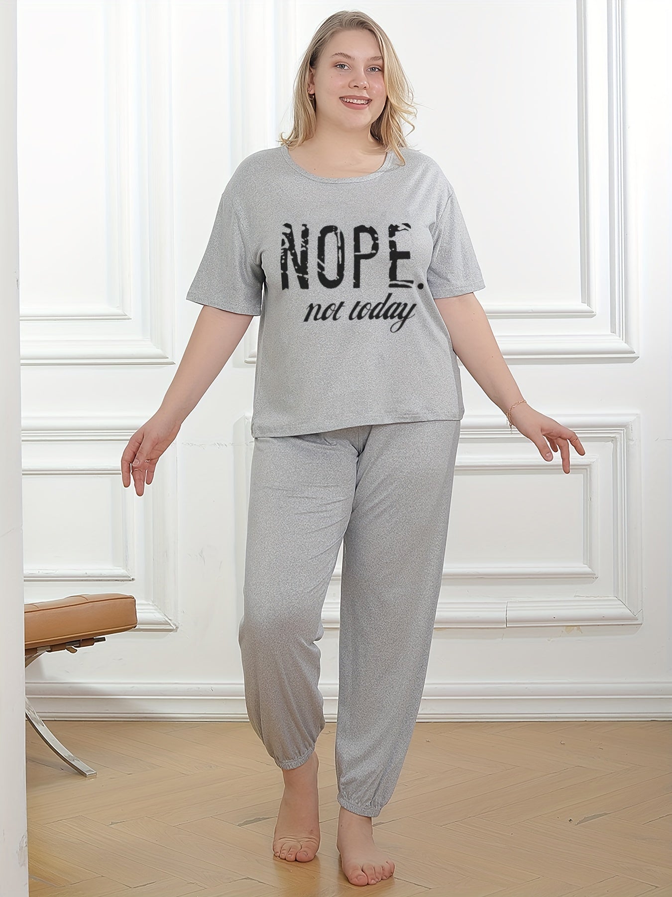 Slogan Print Pajama Set - T Shirt & Joggers Home Wear