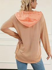 Striped Button Hooded Jacket With Rope Drawstring Decor