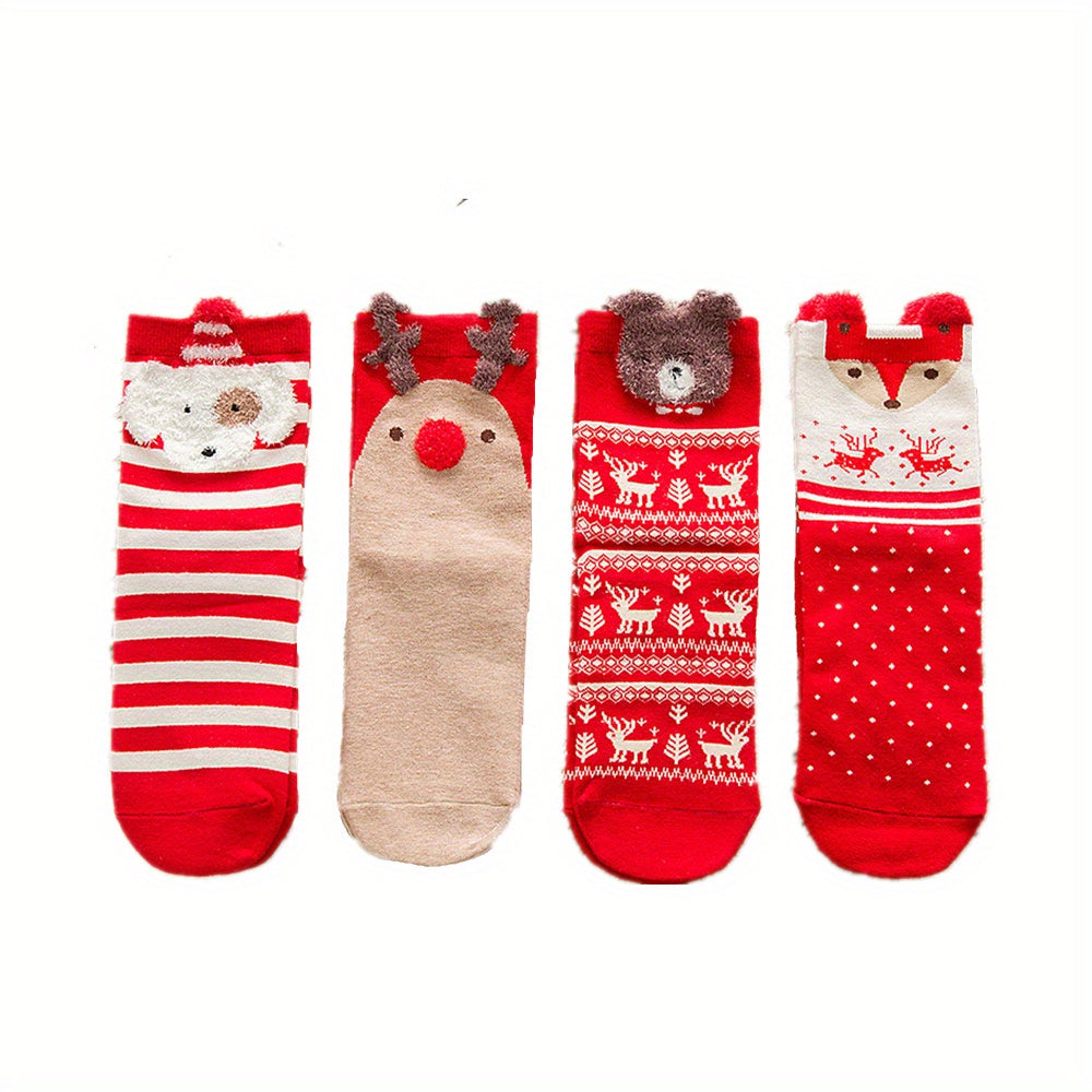 4 Pairs Christmas Cartoon Socks Women's Mid Tube Stockings
