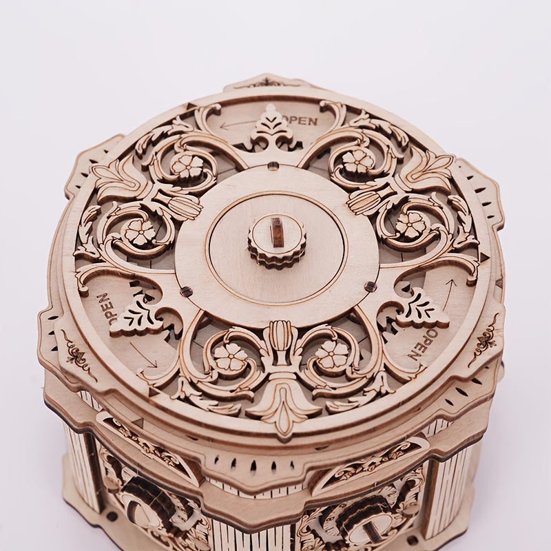 Vintage 3D Puzzle Music Box Layered Mechanical Intricate Carvings Beige Wooden
