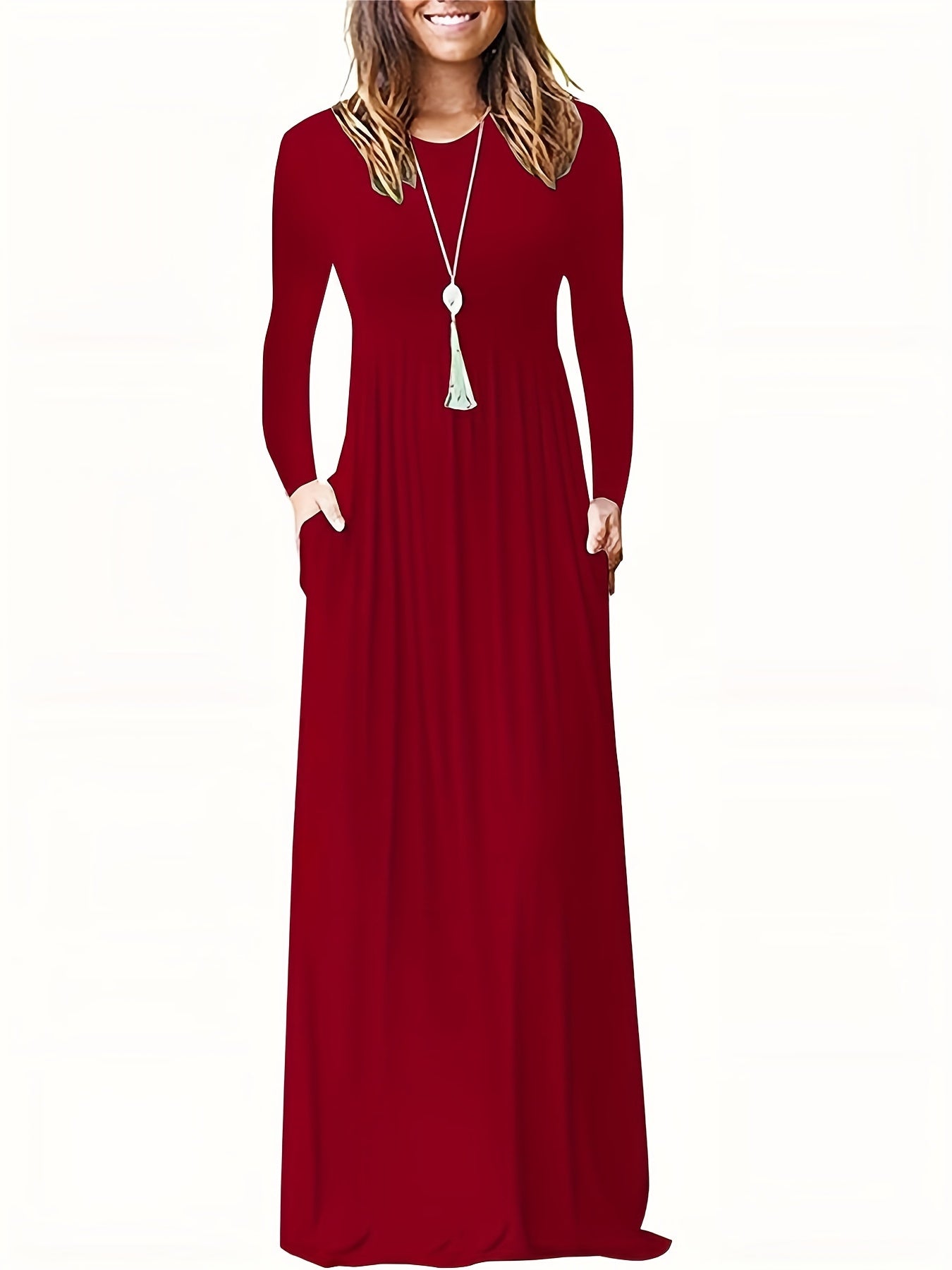 Solid Long Sleeve Maxi Dress With Pockets