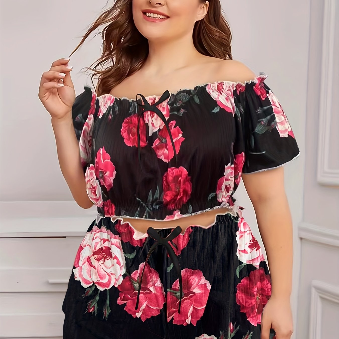 Rose Print Off Shoulder Crop Top & Shorts Pajama Set