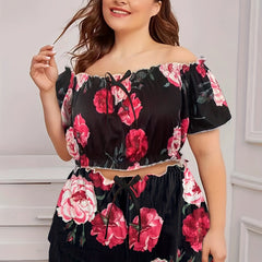 Rose Print Off Shoulder Crop Top & Shorts Pajama Set