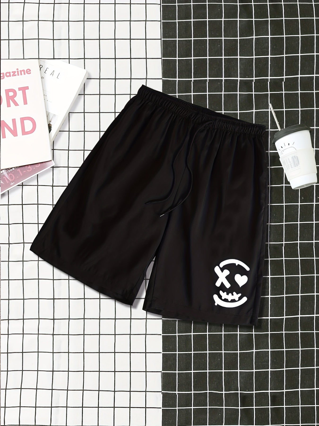 Smile Print Men's Summer Casual Shorts Elastic Waist Drawstring