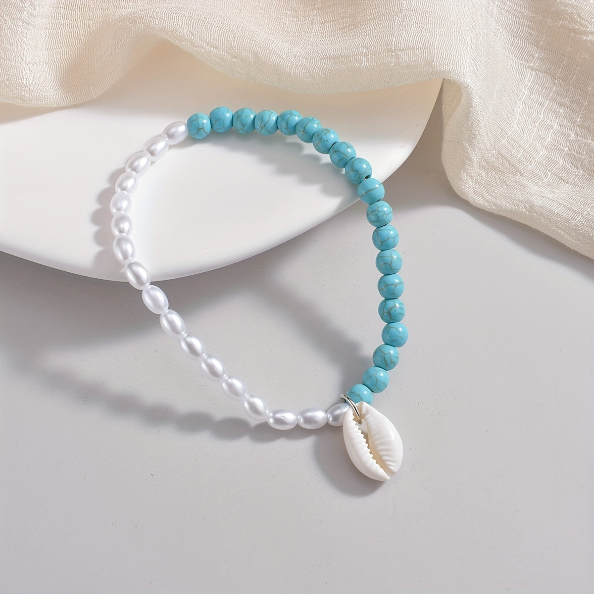 Shell Shape Pendant Beaded Anklet With Faux Pearls Beads