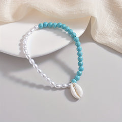 Shell Shape Pendant Beaded Anklet With Faux Pearls Beads