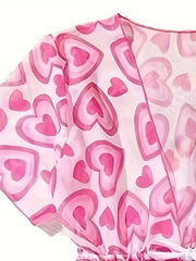 Sweet Heart Graphic Cover Up Splicing Cami Top Briefs Set