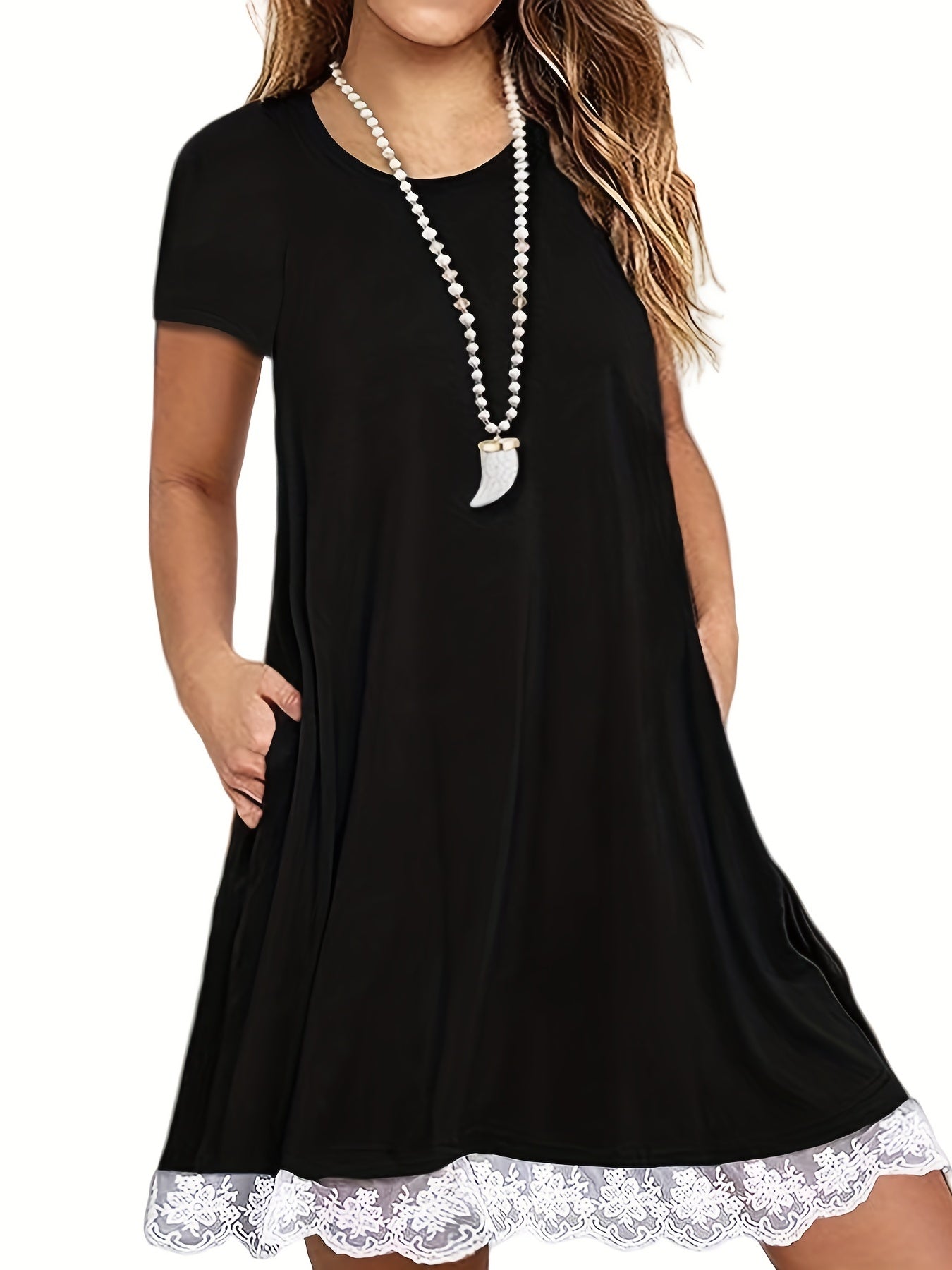 Casual Dress Women's Plus Contrast Lace Trim Short Sleeve Round Neck