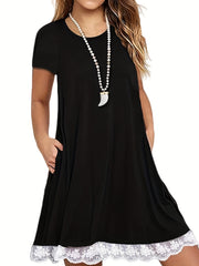 Casual Dress Women's Plus Contrast Lace Trim Short Sleeve Round Neck