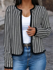 Plaid Open Front Jacket Casual Contrast Trim Jacket for Spring & Fall