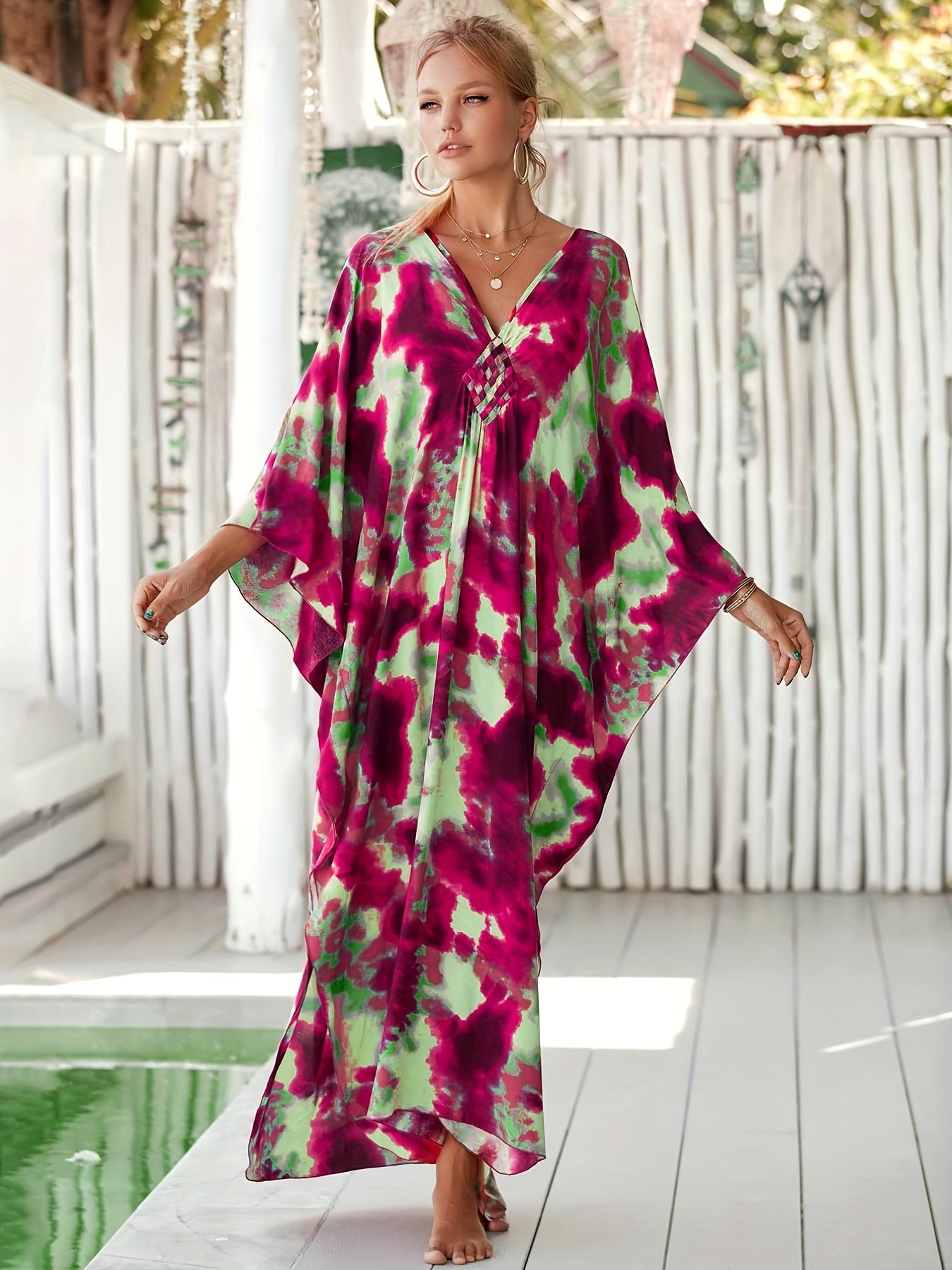 Boho Abaya Dress Women's Plus Tie Dye Batwing Sleeve V Neck Split Maxi