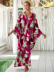 Boho Abaya Dress Women's Plus Tie Dye Batwing Sleeve V Neck Split Maxi