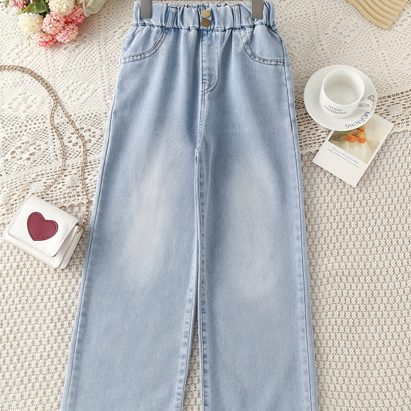 Girls Light Washed Casual Jeans Straight Leg Elastic Waist Denim Pants