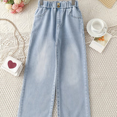 Girls Light Washed Casual Jeans Straight Leg Elastic Waist Denim Pants