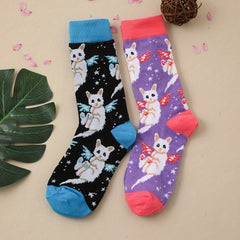 2 Pairs Cat Print Mid Tube Socks Women's Stockings