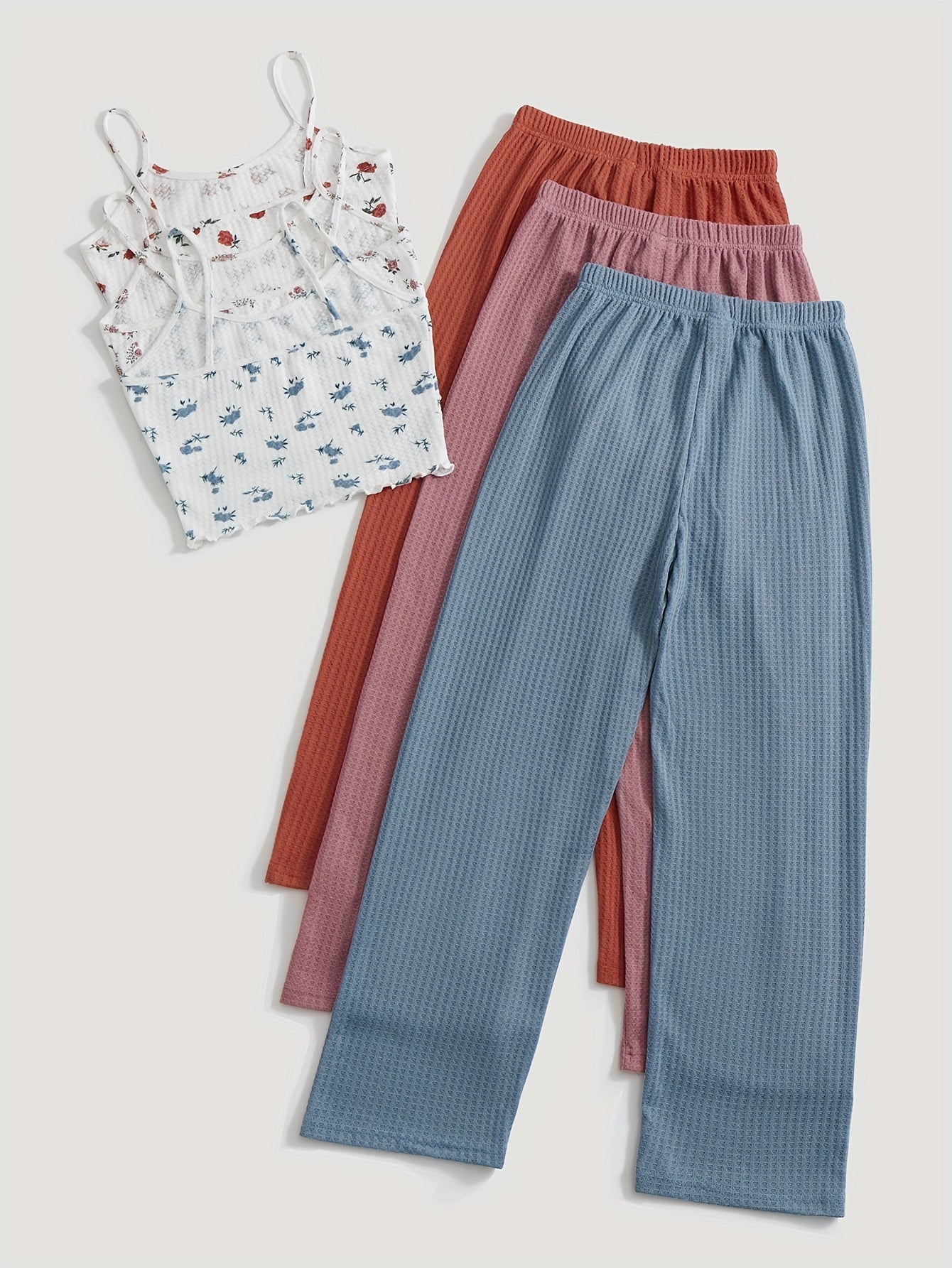 Floral Print Lounge Set Cami Top & Waffle Pants Women's Loungewear