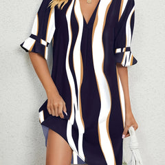 Colorblock Stripe Print Bell Sleeve Notched Neck Mini Dress