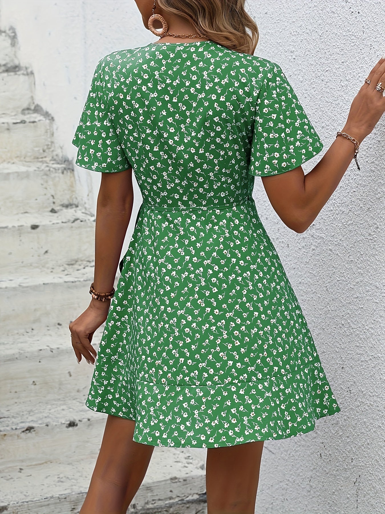 Floral V Neck Dress Short Sleeve Casual Summer Women's Clothing