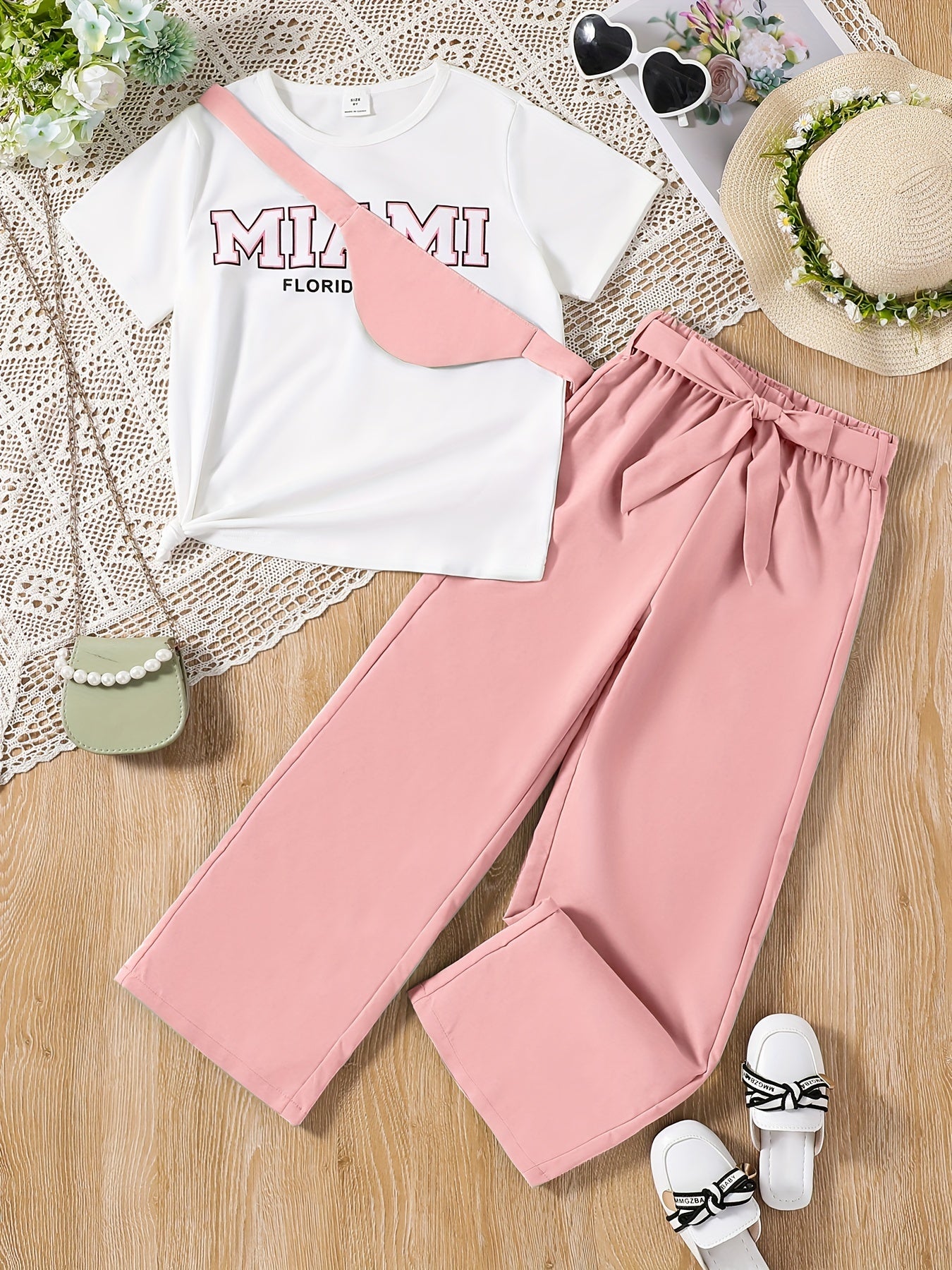 Girl's Letter T Shirt Set With Pants & Bag