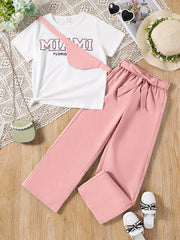 Girl's Letter T Shirt Set With Pants & Bag